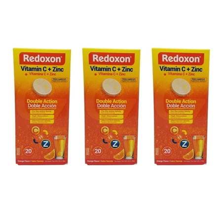 Redoxon Vitamin C with Zinc. Effervescent Dietary Supplement. Helps Your Immune System. Good Against Colds and flu. Orange flavored. 20 Tablets. 2.82 oz / 80 gr. Pack of 3
