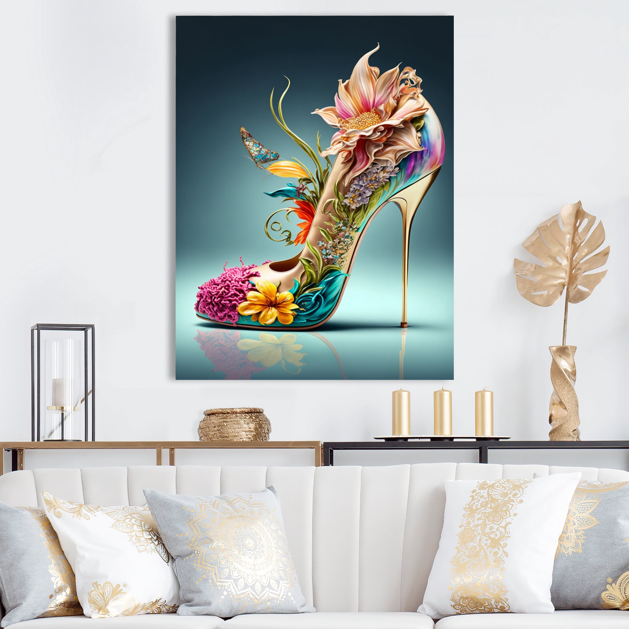 Designart Blue Floral Hight Heels III Canvas Wall Art