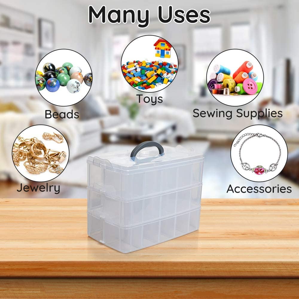 Organizer Storage Boxes Plastic Clear Container Case Stackable Removable Dividers 30 Compartments 3 Layers with Handle Lids for Crafts Arts Sewing Tools Kids Small Toys Jewelry 9.64x6.5x7.3 inch 