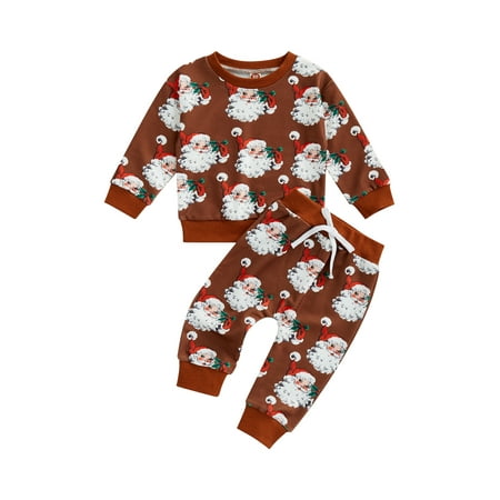 

Canrulo Christmas Newborn Baby Boy Girl Santa Claus Print Long Sleeve Pullover Top and Pants Kids 2Pcs Xmas Set Brown 18-24 Months