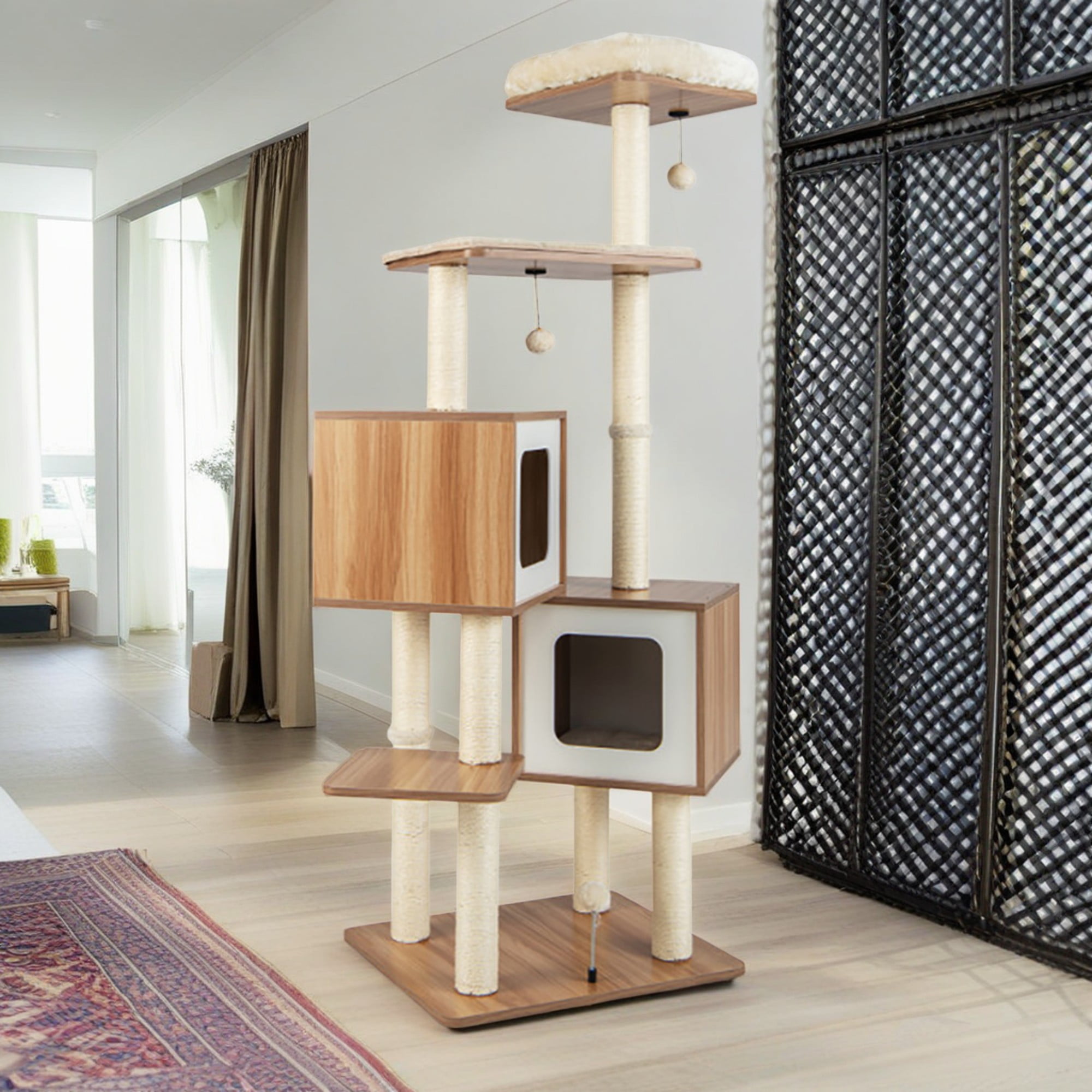 Kadyn 64" Modern Cat Tree Tower for Indoor Cats, Multi-Level Cat Condo with Scratching Posts, Perch, Washable Removable Cushions, Cat Furniture, Beige