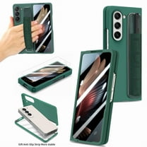 Compatible with Samsung Galaxy Z Fold 5 Case with S Pen Holder & PU Leather Wristband, Full Body Protective Hard PC Lightweight Slim Case Cover for Samsung Galaxy Z Fold 5 2023, Darkgreen