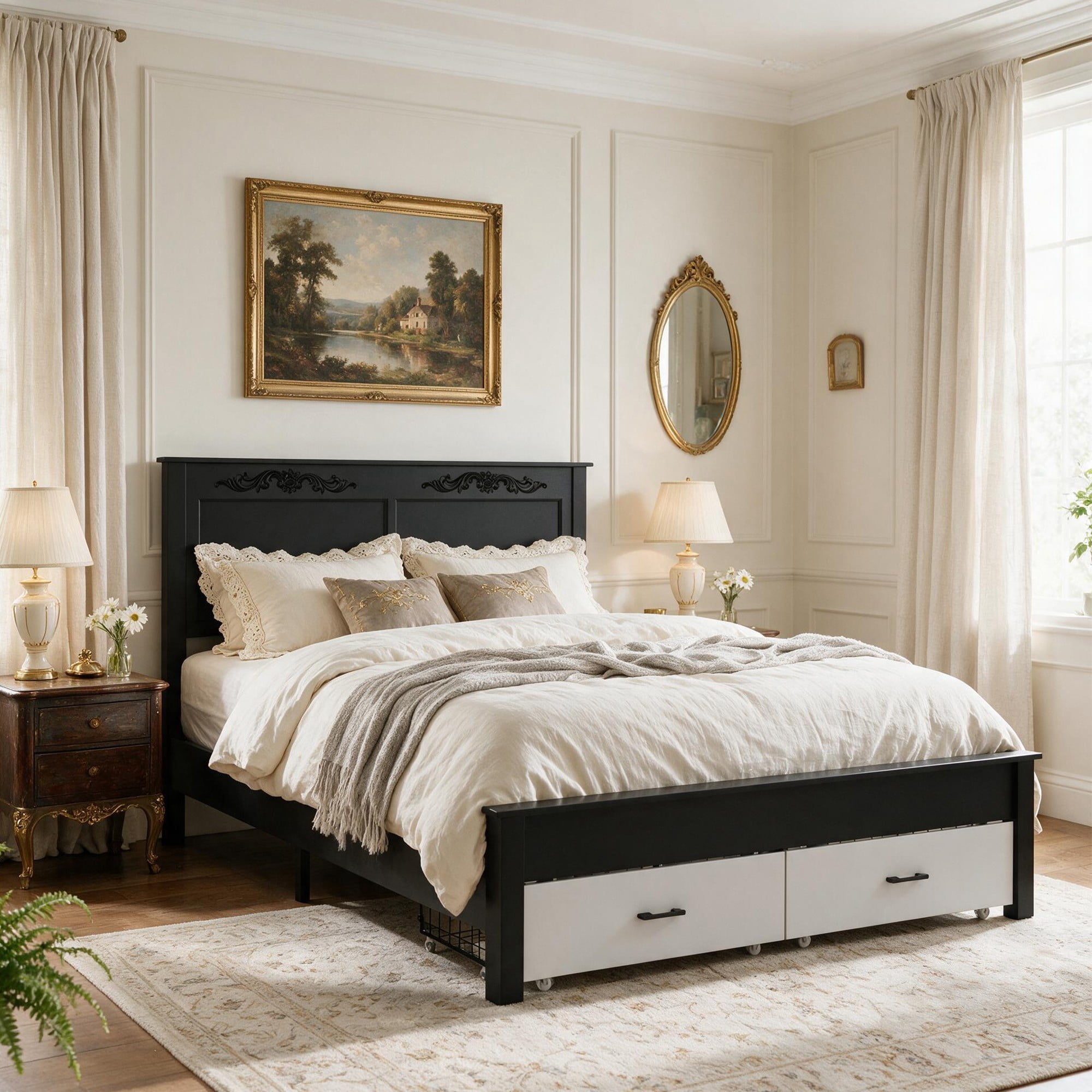 DEALTOPS Queen French Country Platform Bed Frame with Carved Headboard, 2 Drawers, No Box Spring, Two-Tone