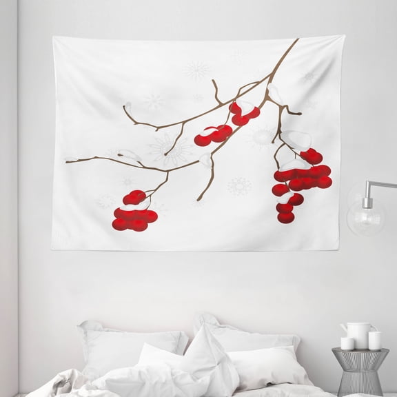 Rowan Tapestry, Artistic Branch of Rowan Plant Covered with Snow Winter Season Christmas Tree, Wall Hanging for Bedroom Living Room Dorm Decor, 80W X 60L Inches, Red White Umber, by Ambesonne