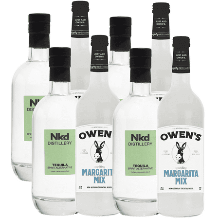 Nkd Distillery Tequila 4 Pack Alternative Premium Non-Alcoholic Spirit 750 ML Bottles w 4 Pack Owen’s Mixers Margarita Mix 750 ML Bottles - A