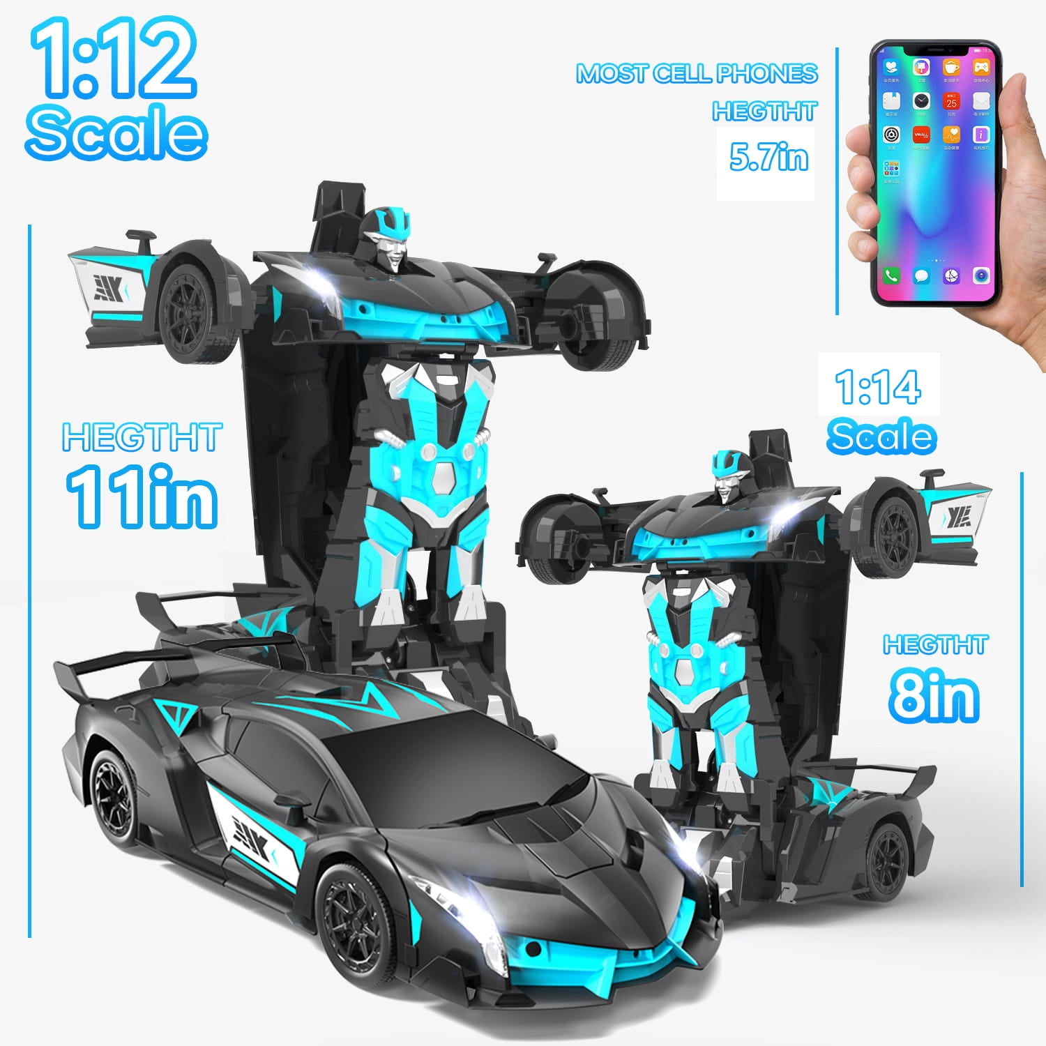 Remote Control Car, Transform Robot RC Car for Kids, 2.4Ghz 1:12 Scale Model Racing Car with One-Button Deformation, 360°Drifting, Transforming Robot Car Toy Gift for Boys and Girls