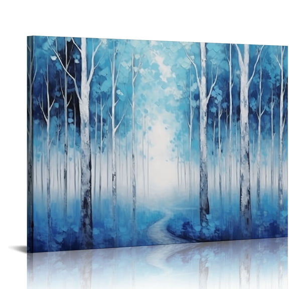 JRXY Blue Forest Canvas Wall Art Birch Tree Painting Textured Modern Abstract Landscape Pictures Living Room Bedroom Office Decor 20x16in