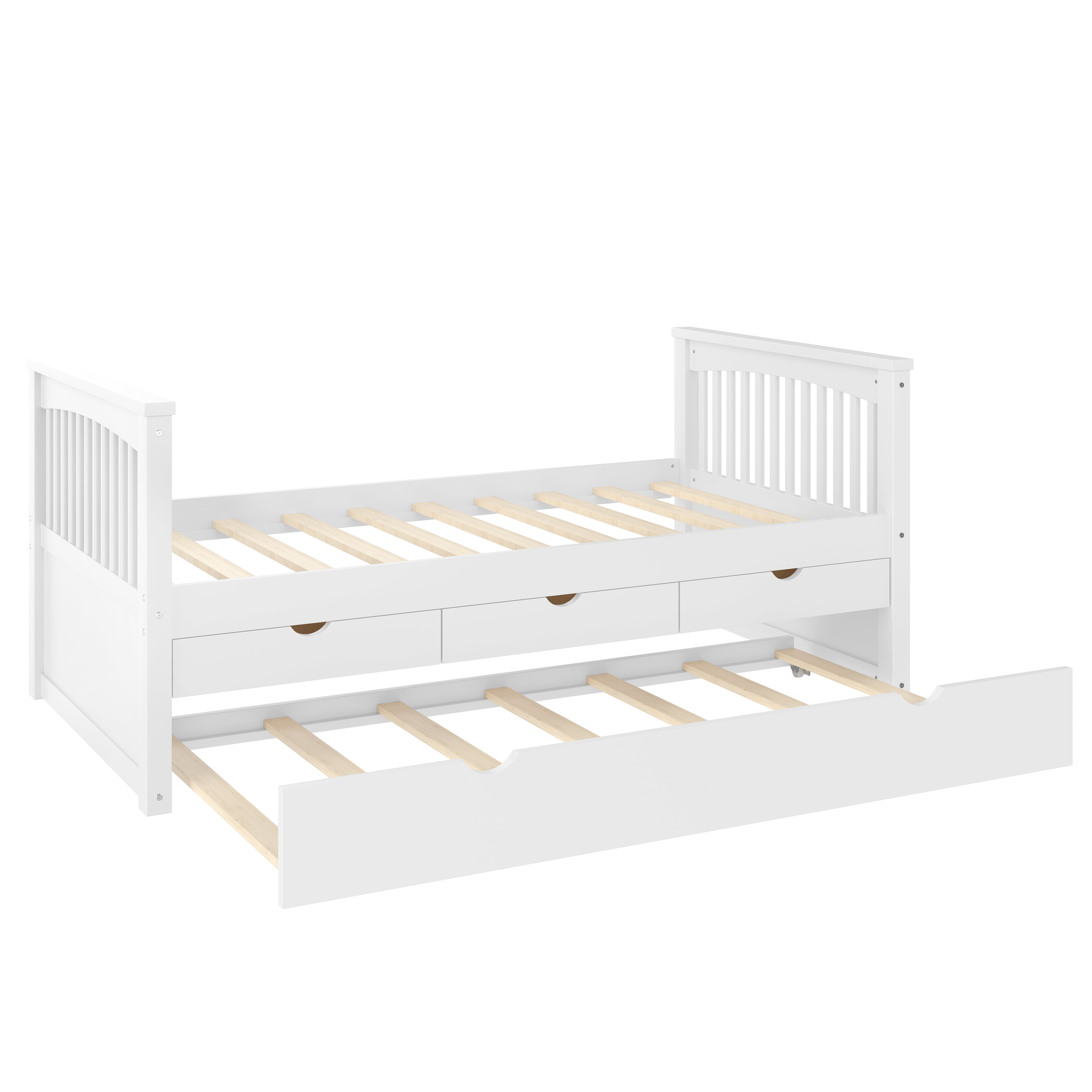 Mintazer Modern Twin Platform Bed with 3 Drawers & Trundle, Kids Wood Storage Bed for Bedrooms Guest Rooms, White