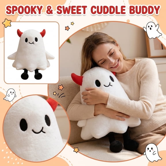 Halloween Plush, Cute Ghost Decor, Ghost Stuffed Animal, Halloween Stuffed Animal, 12X8 Inch Soft Stuffed Devil Horn Ghost Figure for Holiday Party Favors and Kids Gift Giving