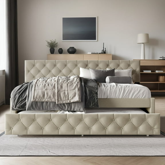 Home Design Tyler Twin Daybed with Trundle, Linen Upholstery, Button-Tufted Design, Foam Padding, Pull-Out Trundle, Stylish Seating and Sleeping Solution, Warm Gray