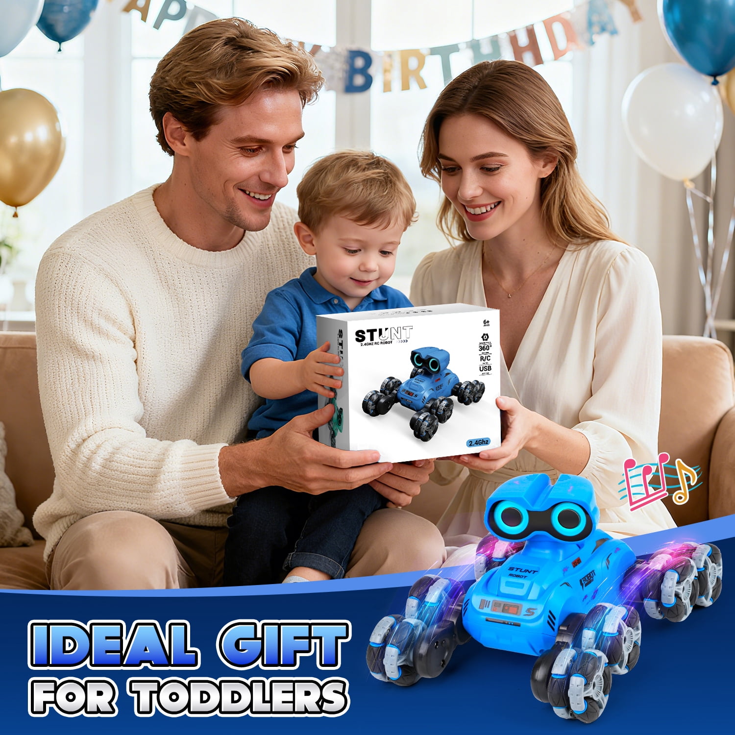 HopeRock RC Stunt Car Robot Toy for Boys Ages 2-6, 8-Wheel with LED Eye Lights, Music, Dance, All-Terrain & 360° Spins, Remote Control Robot Christmas Birthday Gift for Boys 3-12 Years Old.