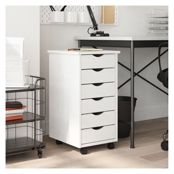 Rolling Cabinet with Drawers, White Wood Filing Cabinet, 6 Drawer Mobile Storage Cart, Solid Pine Wood Office Cabinet for Home & Office