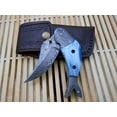 thumbnail image 5 of Fish shape Damascus steel folding knife cow leather sheath, hand forged Twist pattern Damascus blade, 8" folding pocket knife 4" blade colored Bone & Damascus bolster scale, 5 of 6