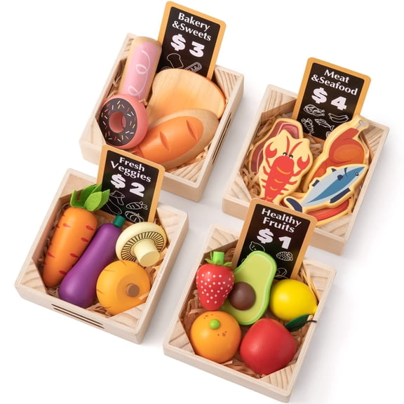 Tiny Land Wooden Play Food for Kids, 43-Piece Pretend Kitchen Accessories with Money & Menu, Role-Play Toy for Toddlers Age 3 