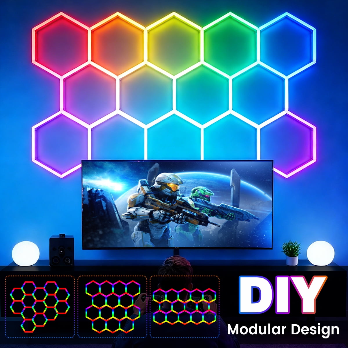 14 Grid RGB Hexagon Lights, DIY 47Pcs Garage LED Panel Light, 356 Color Modes | Music Sync | Smart App & Remote Control LED Ceiling Lights for Gym Bar Gaming Room Garage Lighting Basement Decor