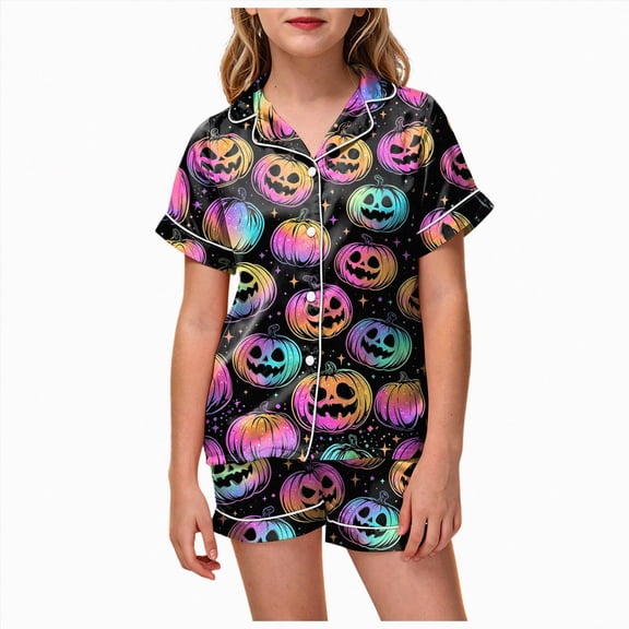 Leey-World Toddler Halloween Pjs Girls Satin Pajamas Summer Short Sleeve Button Down Silky Nighty PJS 2PCS Sleepwear Set Size 2-13Years Pjs for Girls 2T 3T 4T 5T 6T 7T 8T
