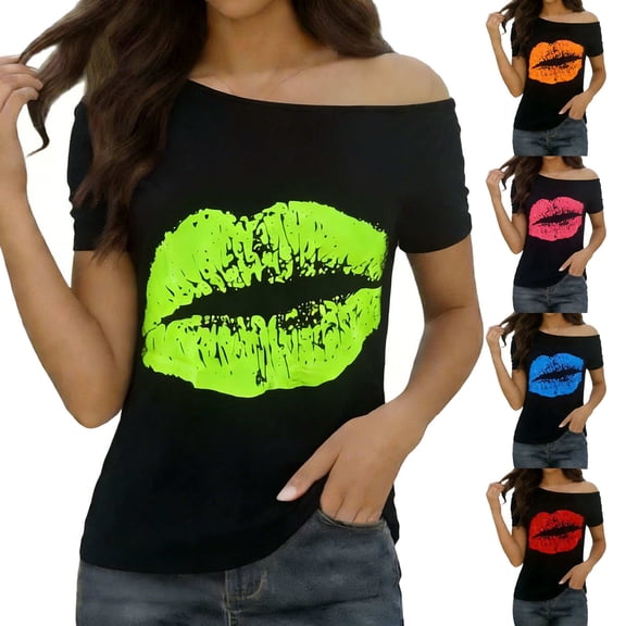 YHAJDS Womens Tops Short Sleeve One Shoulder Multi Print Casual Vacation Blouses Shirts