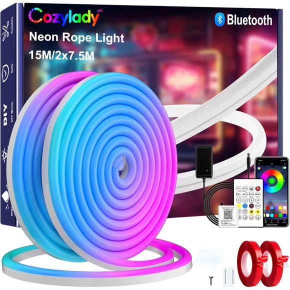 Cozylady Tira LED NeóN Bluetooth 15M/49.2FT, Luces LED RGB NeóN Impermeable,Suave y DIY Deformable Luz LED con Control Remoto de 44 Teclas+Controlador Inteligente APP para Decora