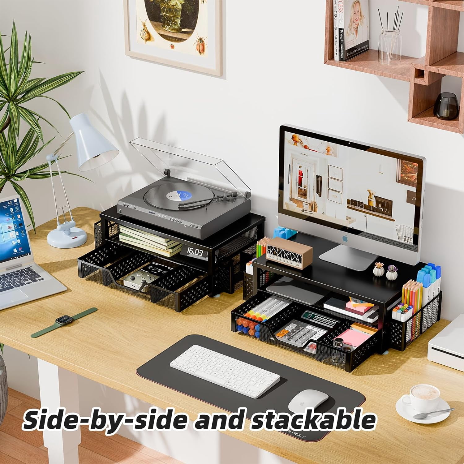 Desk Organizer and Accessories, 2-Tier Computer Monitor Stand Riser with Drawer and 2 Pen Holders for Office Supplies, Black