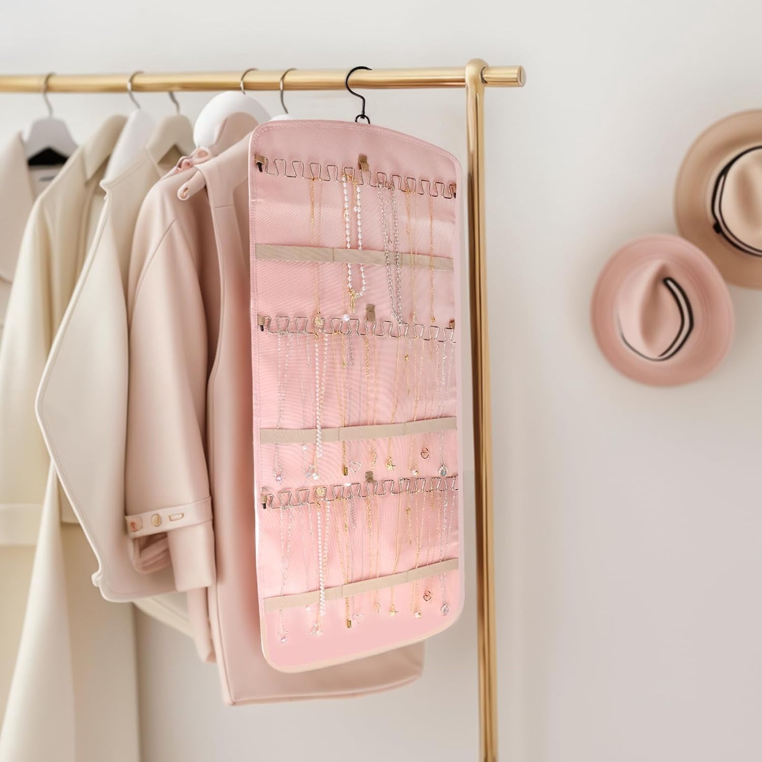 Hanging Jewelry Organizer Storage Roll with Hanger Metal Hooks Double-Sided Jewelry Holder for Earrings Necklaces Rings on Closet Wall Door, 1 piece