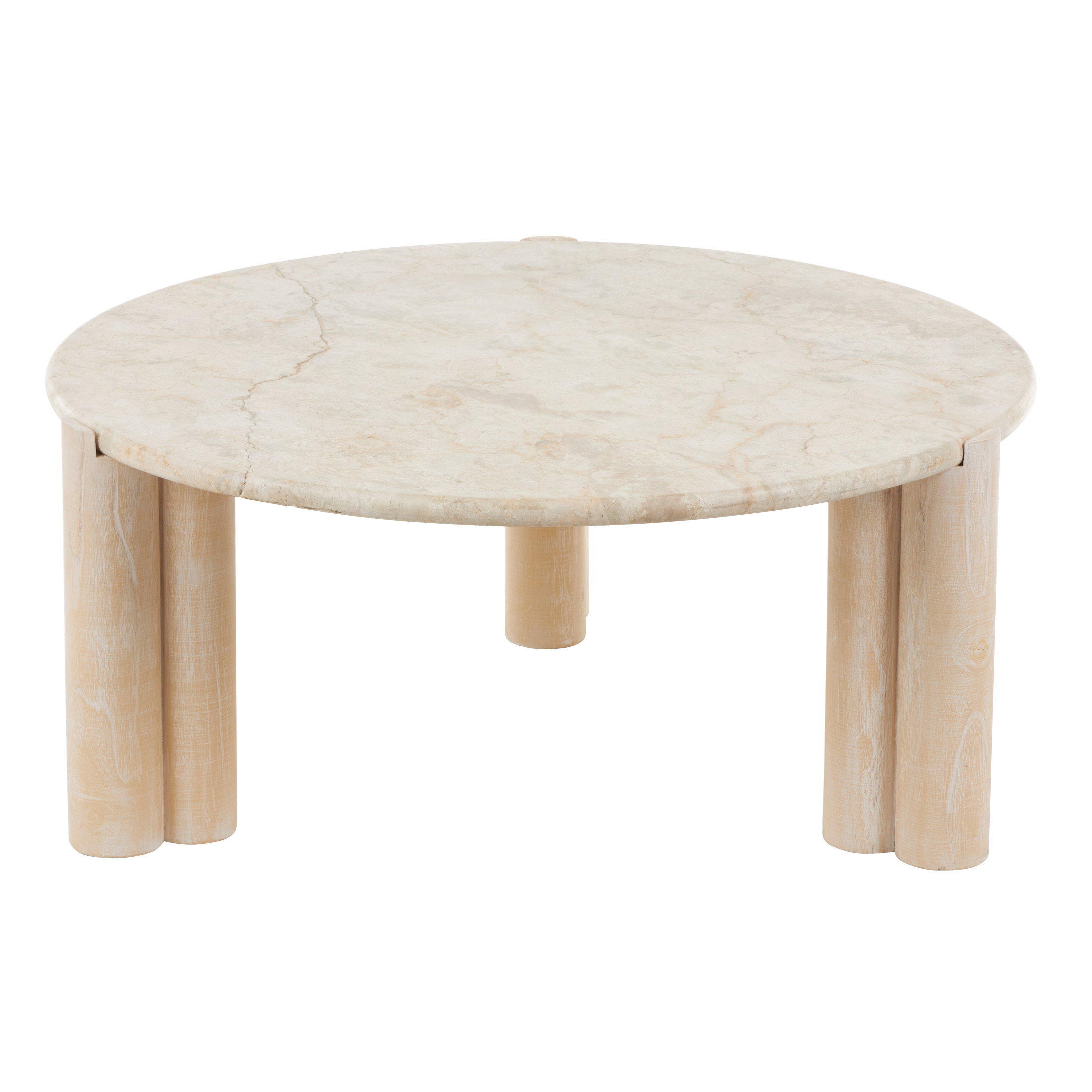 DecMode 35" x 15" Cream Teak Wood Handmade Coffee Table with Beige Marble Tabletop, 1-Piece