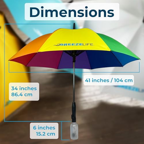 Breeze Life Sun Umbrella with Fan and Mister, Rechargeable UPF 50+ Sunblock Misting UV Umbrella. Perfect UV Sun Protectin for Sports, Golf, Festivals and More. Mister Breeze Gen2 (Rainbow)