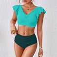 thumbnail image 2 of Women's Pleated Slim Fit V-Neck Color Block Ruffled Two-Piece Swimsuit Cyan L, 2 of 8
