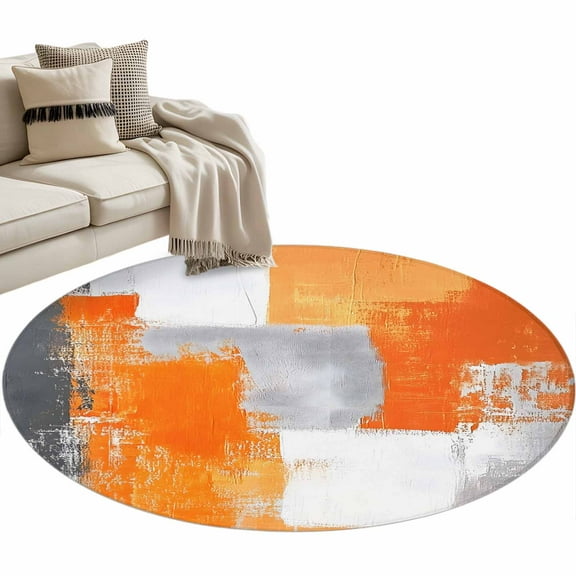 Burnt Orange Grey Round Area Rug 4 FT, Non Slip Indoor Outdoor Rug, Modern Oil Painted Abstract Art Washable Soft Circular Carpet Non-Shedding Floor Mat for Coffee Table Nursery Foyer Balcony