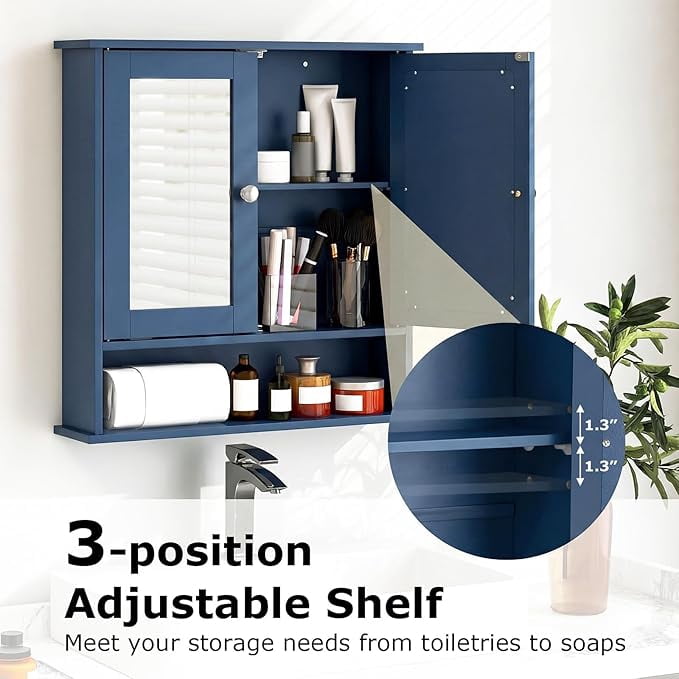 Bathroom Medicine Cabinet with Mirror, Wall Mounted Wooden Hanging Organizer with Doors and Shelves, Bathroom Wall Mirror Cabinet