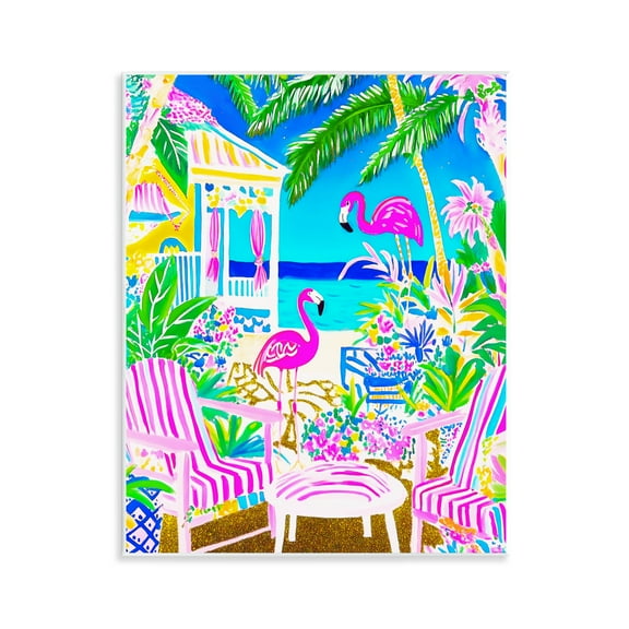 Stupell Industries Vivid Flamingos on Tropical Beach Landscape & Nature Painting Unframed Art Print Wall Art, 11 x 14