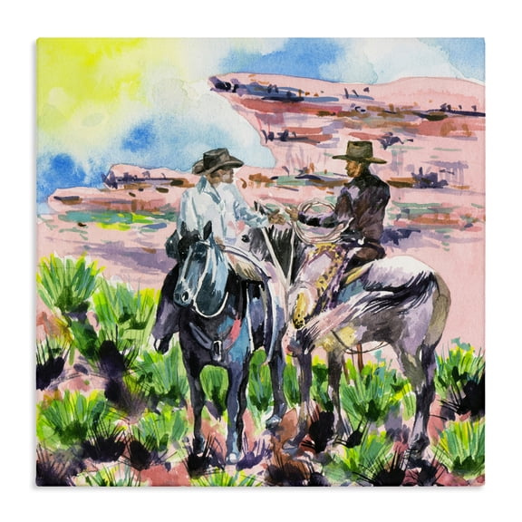 Stupell Industries Sunny Canyon Cowboys Animals Painting Wrapped Canvas Art Print Wall Art, 17 x 17