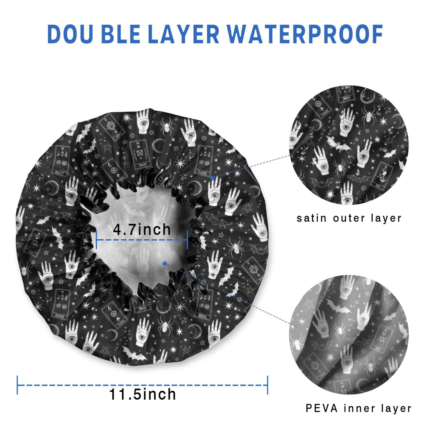 Shower Caps,Black White Halloween Hand Tarot Bat Pattern Waterproof Shower Cap for Women 4 Pieces,Double Reusable Hair Cover for Shower PEVA Elastic Stretch Hem
