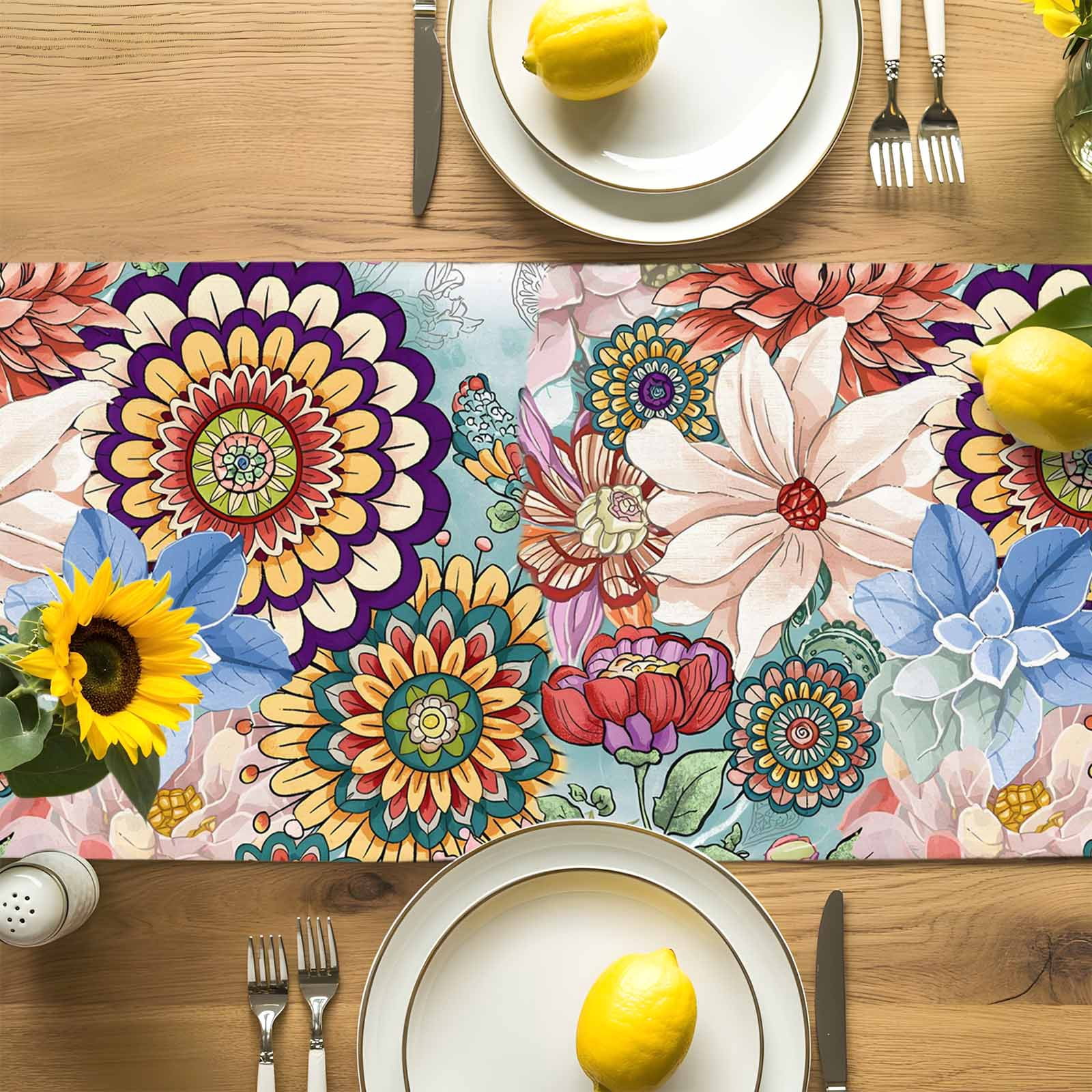 Vintage Bohemian Flowers Table Runner 90 Inches Long, Classic Farmhouse Floral Table Runners Tabletop Scarf Kitchen Dining Tables Decoration for Home Party Indoor Outdoor