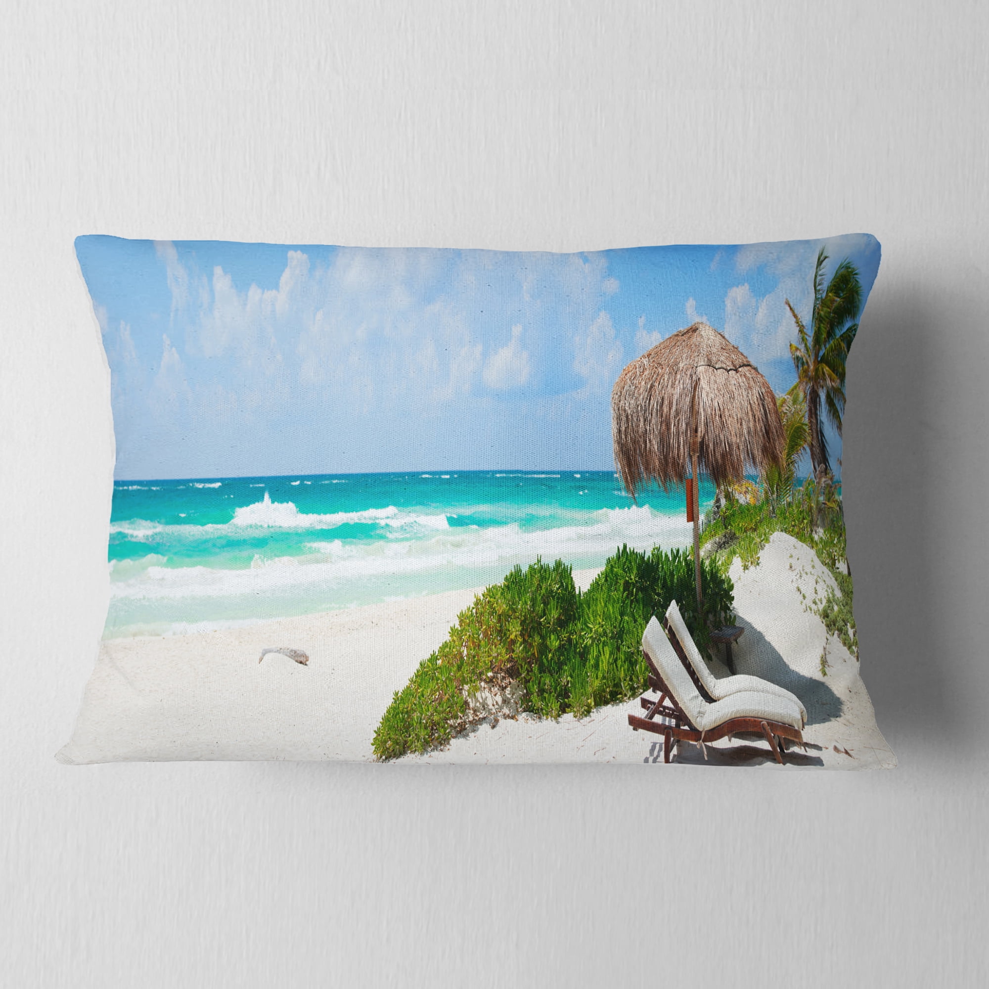 Designart Calm Caribbean Beach Panorama - Photography Landscape Printed Throw Pillow - 12x20