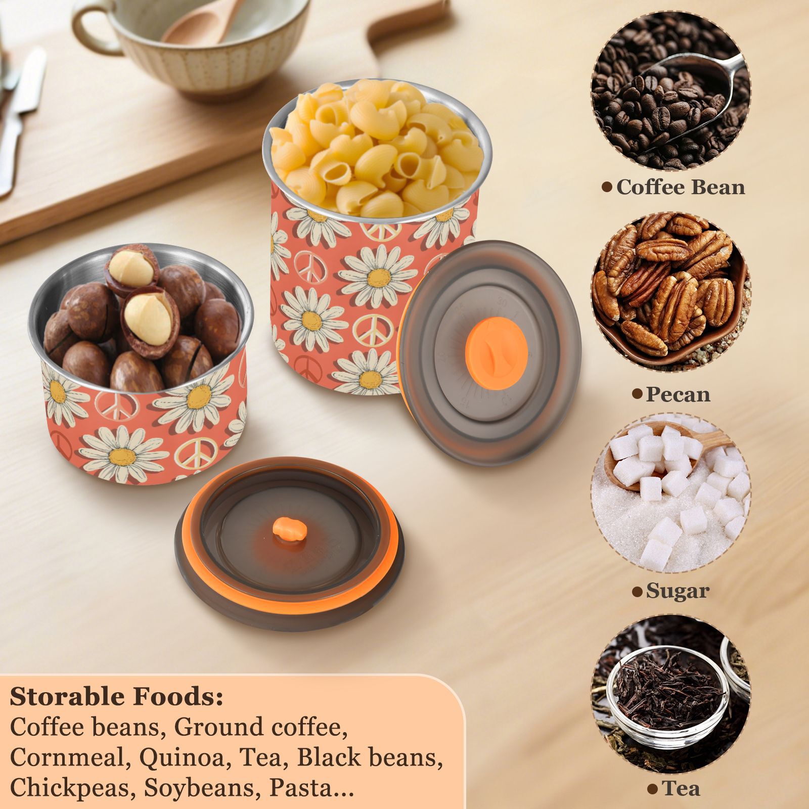Daisy Flower Peace Symbol Airtight Coffee Bean Canister 30oz Food Storage Containers with Lids For Gournd, Tea, Sugar, Flour, Rice, Cereal, Candy Cookie Jar