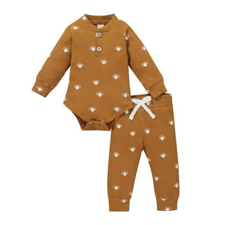 

Newborn Infant Baby Boys Girls Romper Set Cotton Knitted Ribbed Long Sleeve Stand Collar Sun Print Jumpsuit Toddler Clothes
