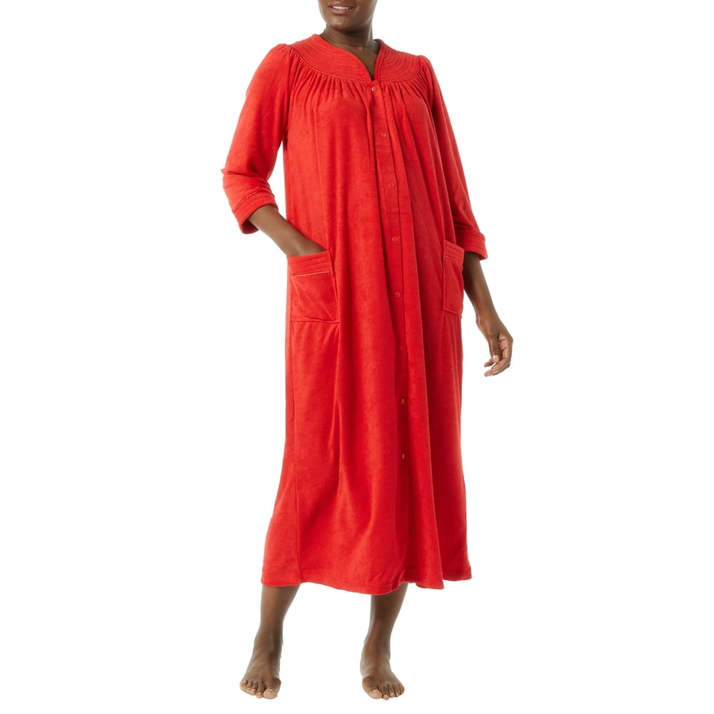 AmeriMark AmeriMark Women’s Terry Knit Long Robe Bath Robe w/ Snap Front & Trapunto Trim