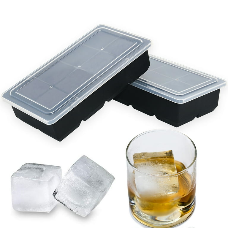Bangp Large Ice Cube Trays with Lids 2 Pack,Silicone Ice Trays for  Freezer,Easy Release Silicone Ice Cube Tray,8 Square Cubes per Tray Ideal  for Cocktails,Whiskey,Soups,Baby Food and Frozen Treats 