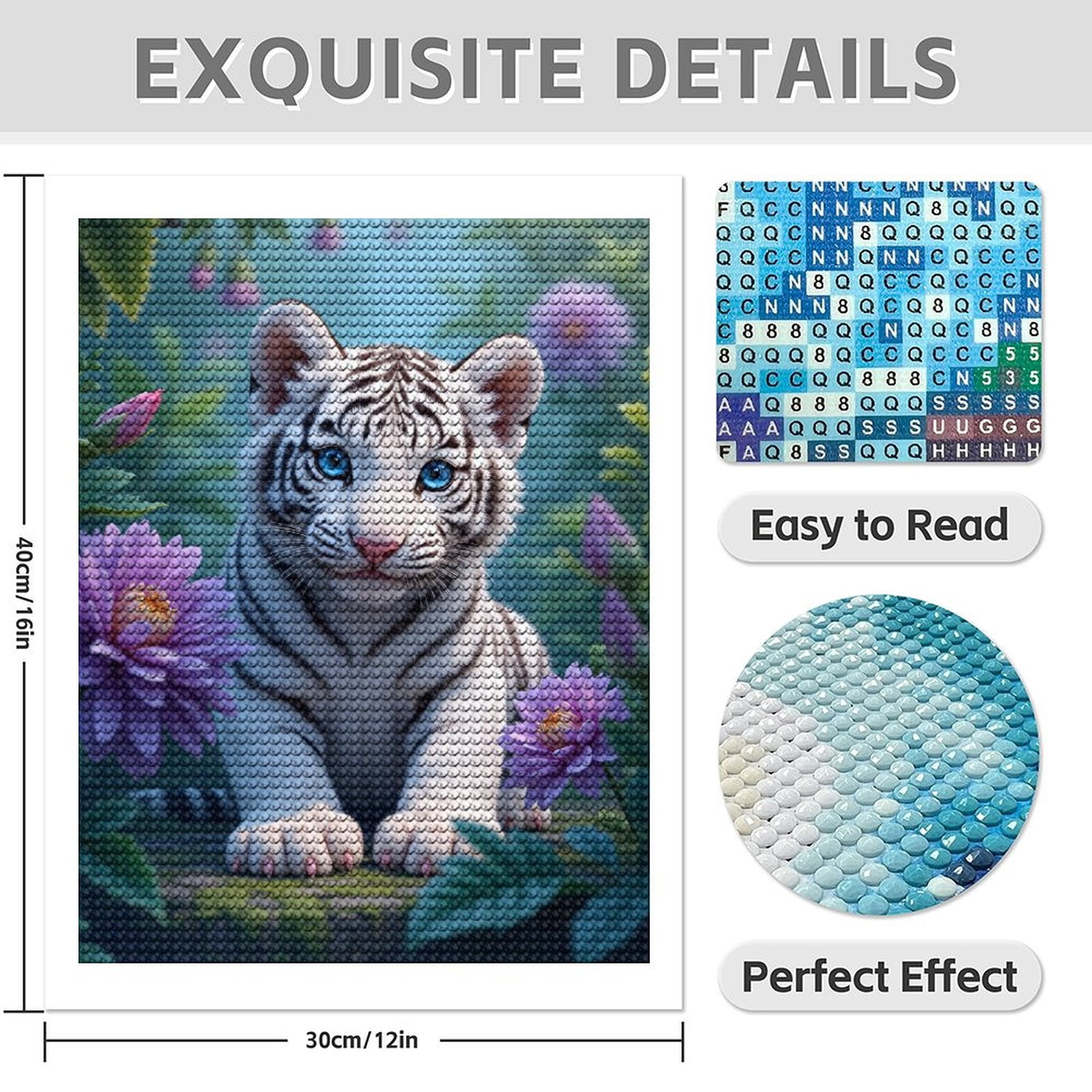 Diamond Art Kit for Adults, White Tiger Cub Amidst Blossoms Diamond Painting for Adults Beginners, DIY Diamond Art Painting Kits, 5D Diamond Painting Crafts for Home Decor 12x16 Frameless