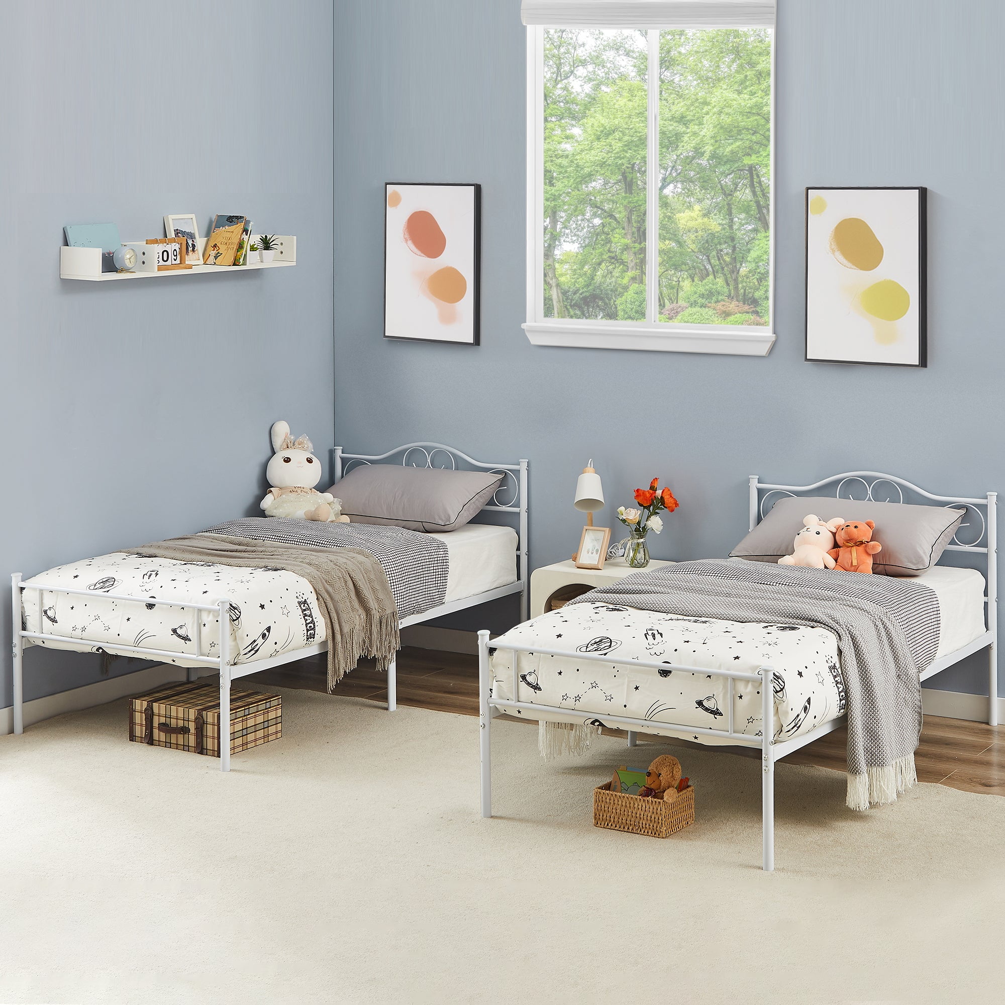 14 Inch Twin Size Metal Platform Bed Frame with Headboard and Footboard, Heavy Duty Mattress Foundation with Steel Slats Support, No Box Spring Needed, White