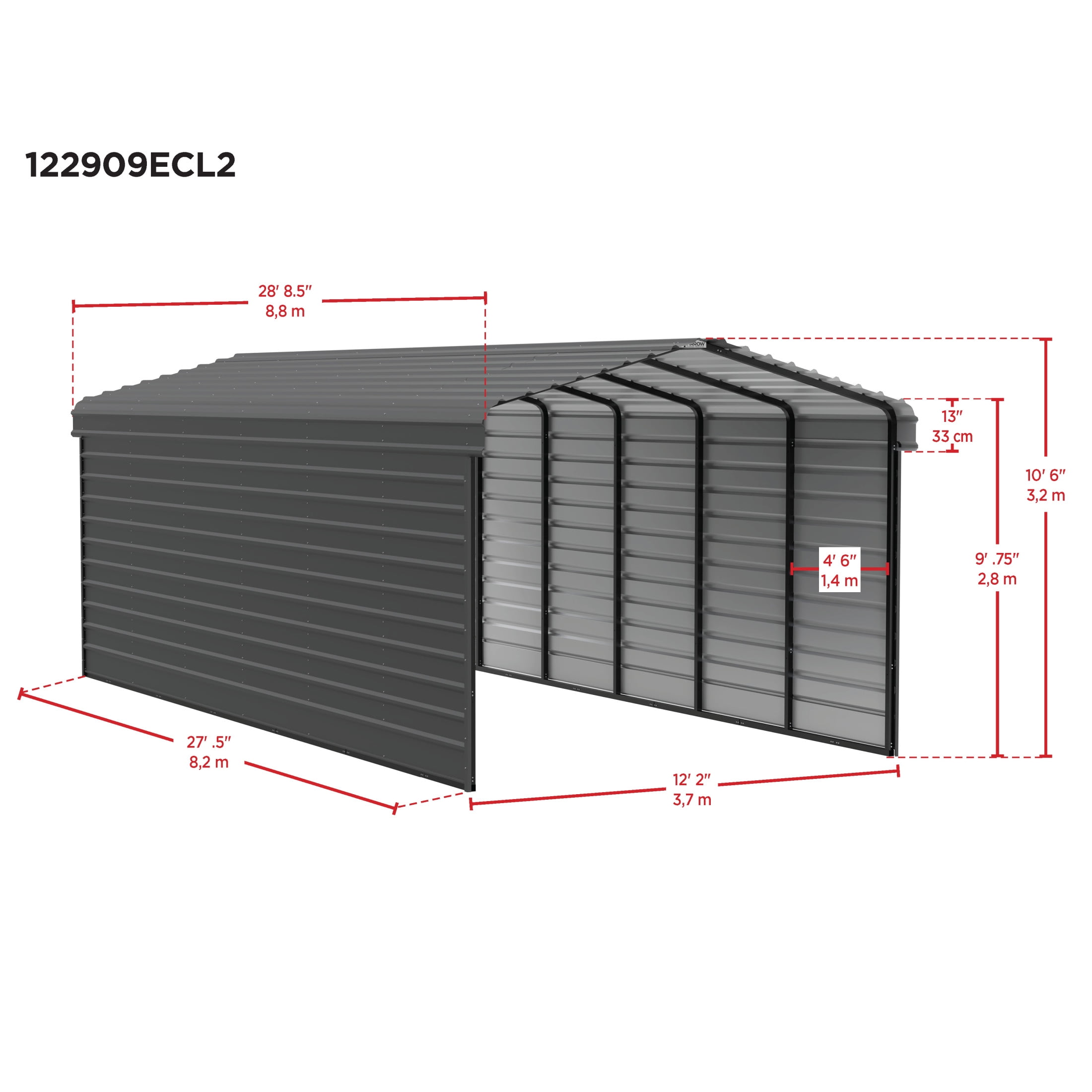 Arrow 12 x 29 x 9 ft Charcoal Steel Carport With 2 Side Wall Kit
