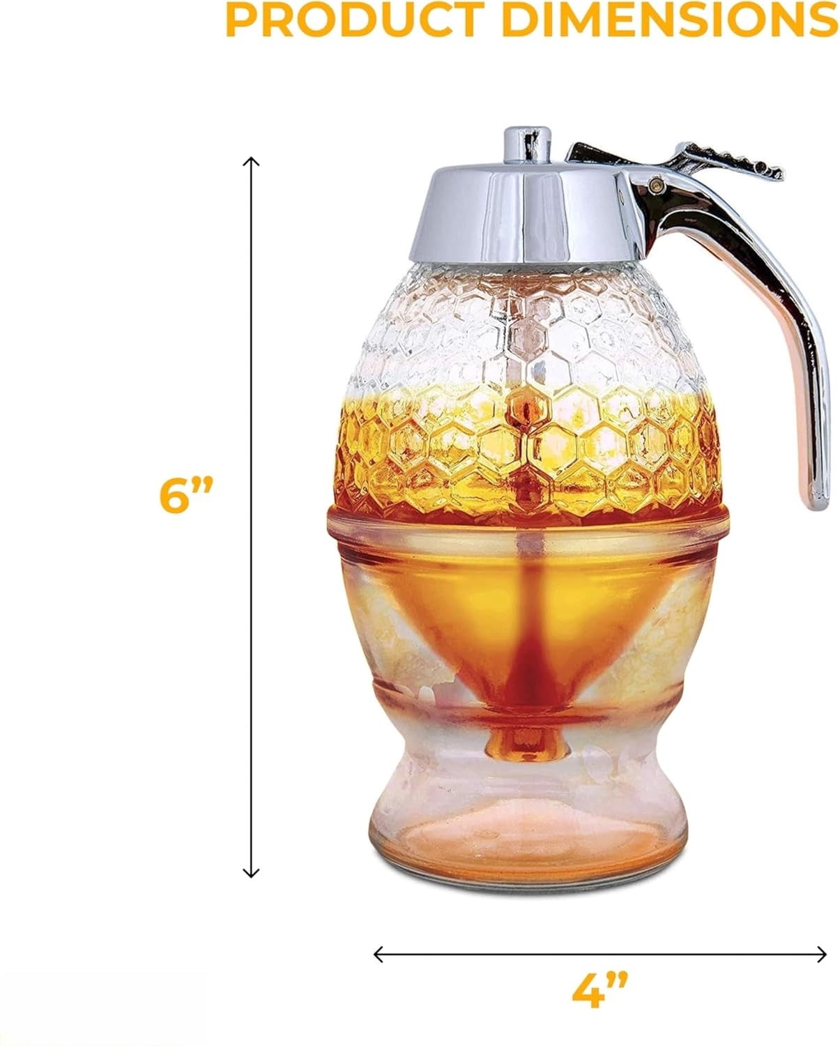 8oz No Drip Glass Honey Dispenser with Plastic Top - Honeycomb-Style Syrup Server and Bee-Themed Storage Jar with Stand - 6"