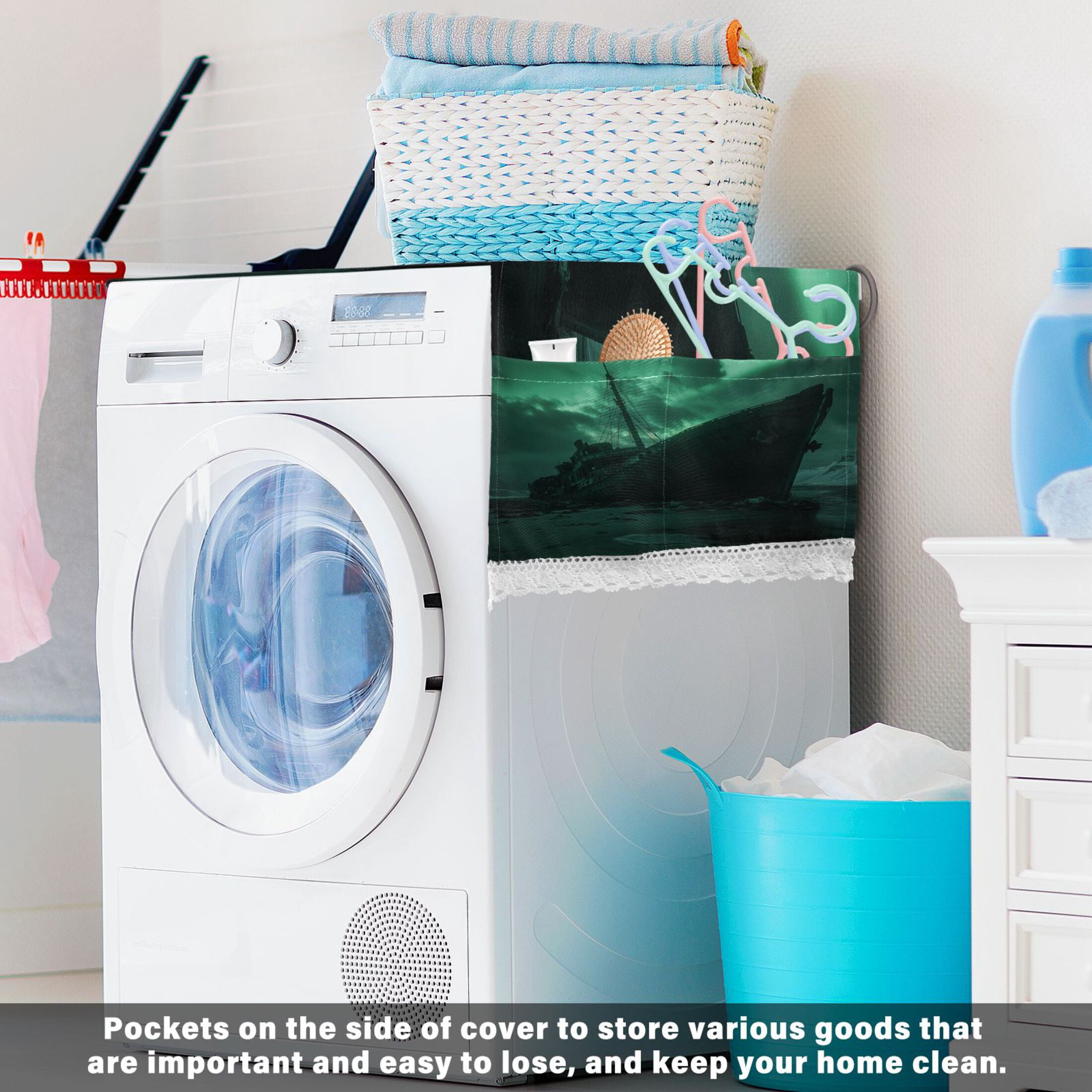 Aground BoatWasher and Dryer Covers Dust-Proof and Oil Resistant Fridge Cover with 4 Storage Pockets Washing Machine Top Cover for Laundry Kitchen Home 51.2 x 22 In