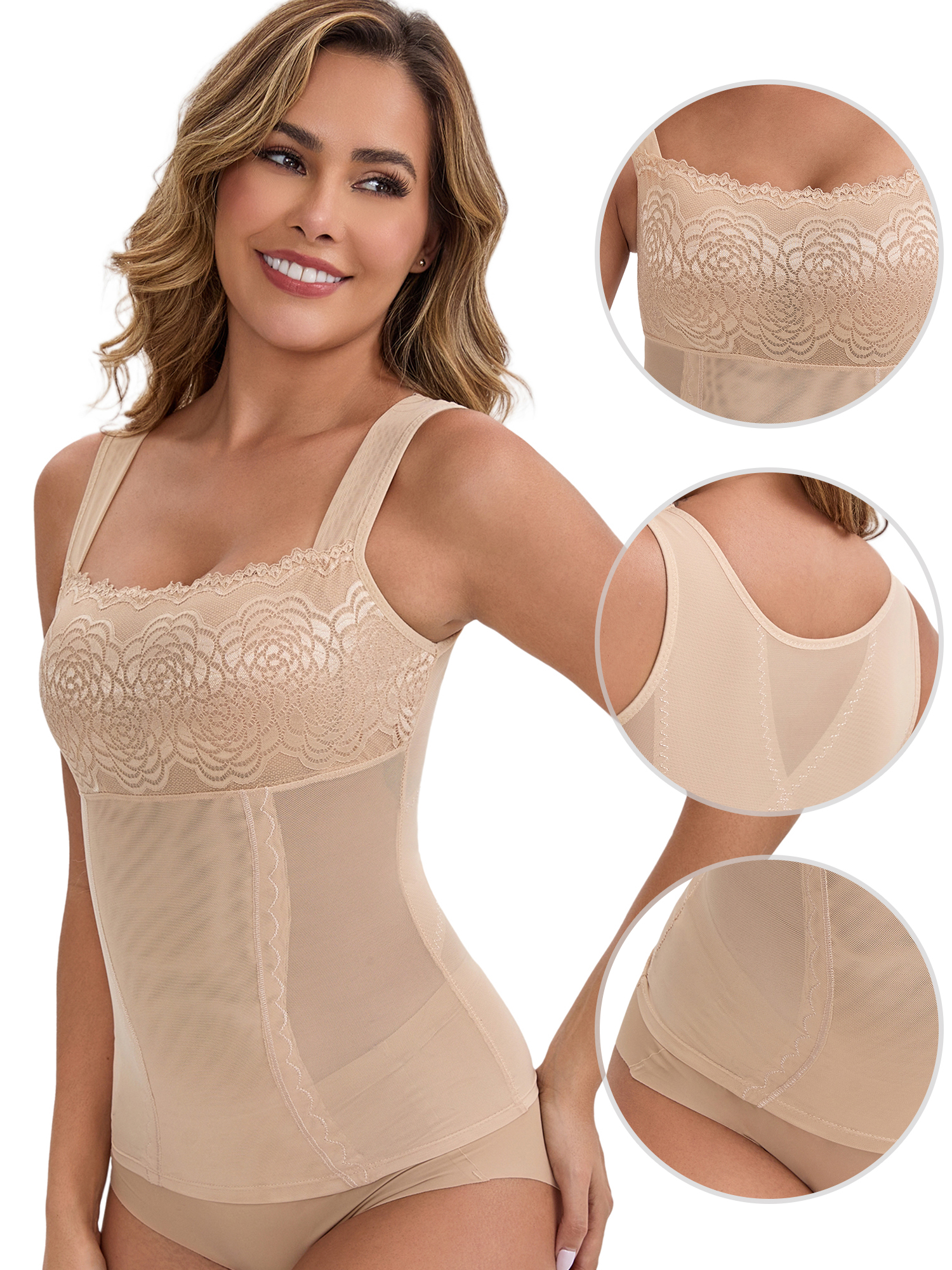 DARING DIVA Women's Lace Sheer Square Neck Waist Control Tank Tops S Beige