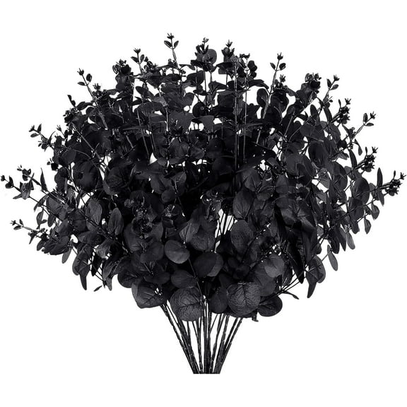 3pcs Artificial Eucalyptus Leaves Black Fake Eucalyptus Branches Faux Silk Eucalyptus Stems Black Silver Dollar Eucalyptus Plant for Halloween Winter Home Wedding Party Table Decor (Black)