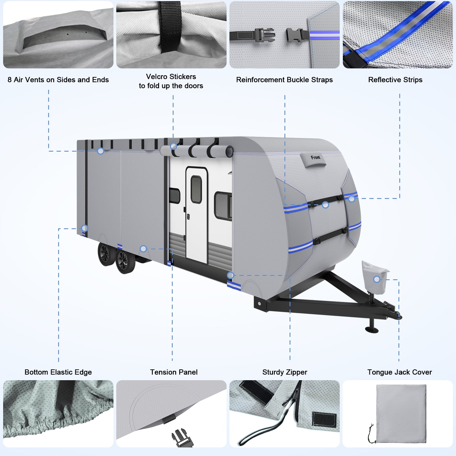 RIVERGRIT Travel Trailer RV Cover, Camper Cover Upgraded 7 Layers 20-22FT, RV Accessories for Windproof Waterproof with 2Pcs Extra Straps & 4 Tire Covers,Blue