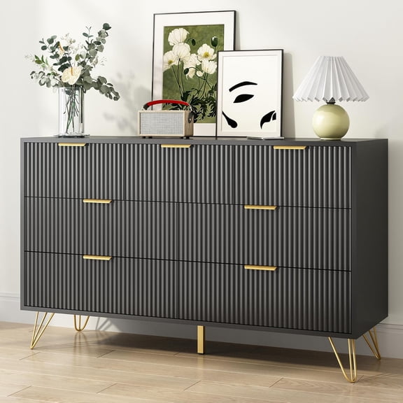 Black Dresser for Bedroom, 7 Drawers Dresser with Golden Handles, Modern Wood Chest for Living Room, Hallway, Entryway