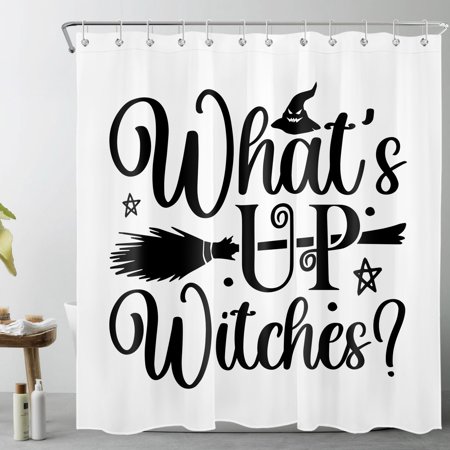 HVEST Halloween Witch Shower Curtain Decor, Funny Quote What's up Witches Broom and Magic Hat Shower Curtain for Bathroom 72X78 inch Polyester Fabric Bathroom Decoration Bath Curtains Hooks Included