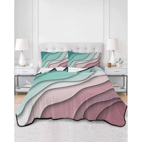 Quilts Queen Size, Green Ombre Soft Comforter Bedding Set for Bed, Modern Geometric Abstract Dark Red Cream Lightweight Quilted Bedspread with Pillow Cover(2 Pieces) for All Season, 90x96 Inch