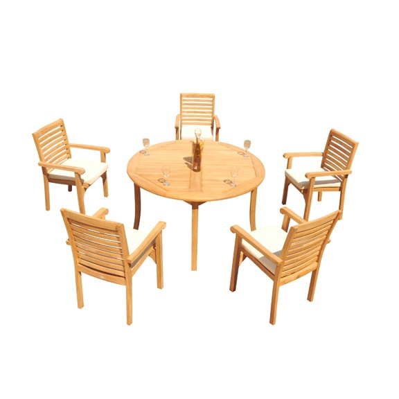 Grade-A Teak Dining Set: 5 Seater 6 Pc: 52" Round Table And 5 Hari Stacking Arm Chairs Outdoor Patio WholesaleTeak #51HR1106